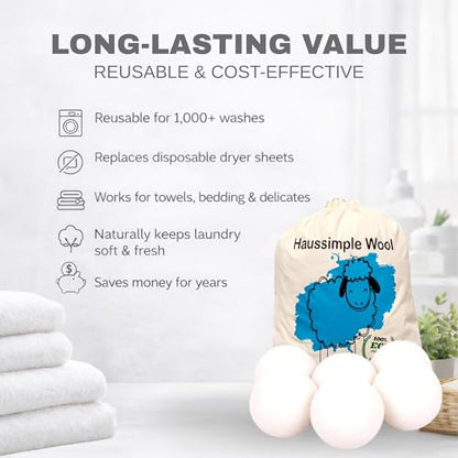 Wool Dryer Balls 6-Pack 100% Natural New Zealand Wool, Handmade in Nepal Reusable Laundry Balls, Faster Drying, Softer Clothes, Anti-Static, Dryer Sheets Alternative (Plain White) - color: Plain White