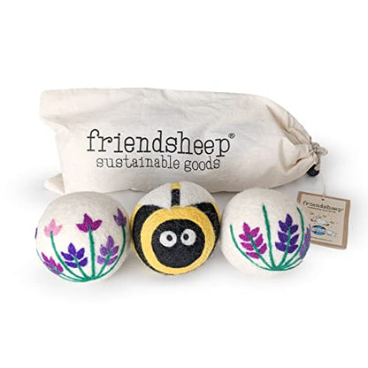 Friendsheep Wool Dryer Balls, Organic Reusable Fabric Softener Alternative for Laundry, Handmade, Fair Trade, Hypoallergenic, Eco-Friendly, Plastic-Free (3 Pack XL – Lavender Fields Bee Flower) | Reusable fabric softener alternative Organic wool, handmade