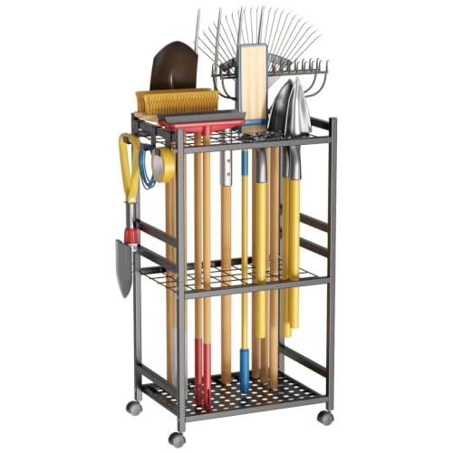 Garden Tool Organizer with Wheels, Heavy-Duty Yard Tool Rack with 3 Side Hooks, Holds Up to 40 Long-Handled Tools, Metal Garage Tool Storage for Lawn & Outdoor Organization