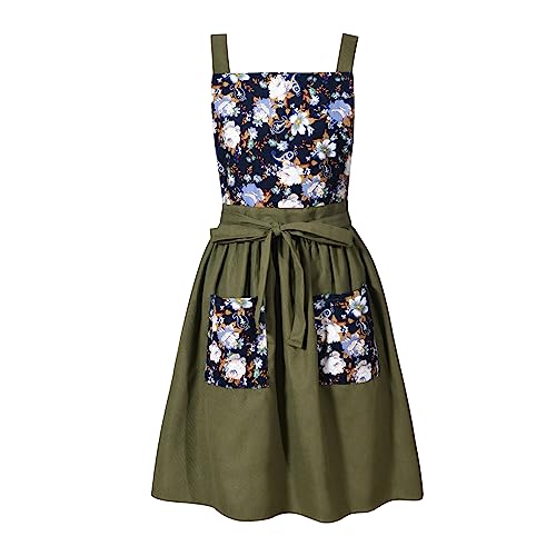 Pinknoke Vintage Pinafore Aprons for Women with Pockets for Kitchen - color: Olive Green