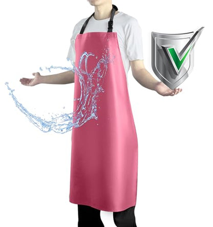 Waterproof Apron with Comfortable Adjustable Bib Rubber Vinyl Dishwasher Heavy Duty Apron for Men Women Dishwashing - color: Pink