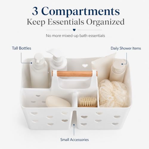 White Portable Shower Caddy, Plastic Basket Organizer with Wooden Handle - color: White