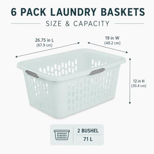 Laundry Basket 2 Bushel Plastic with 4 Handles 6 Pack Mint for Home - color: Blue