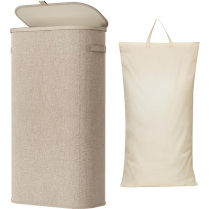 Lifewit Slim Laundry Basket with Lid and Removable Bag, 75L, Beige - color: Beige, size: 75L