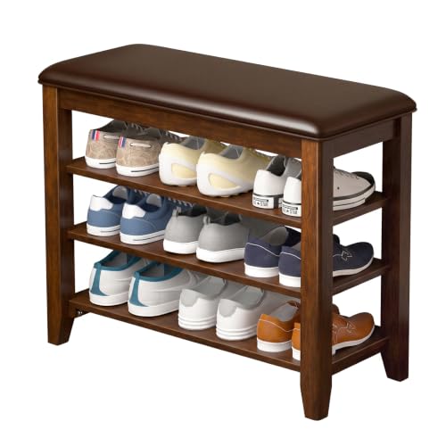 Taitiy Shoe Rack Bench for Entryway, Solid Wood, 3 Tier Adjustable Shelves - color: Walnut, size: 23.6''