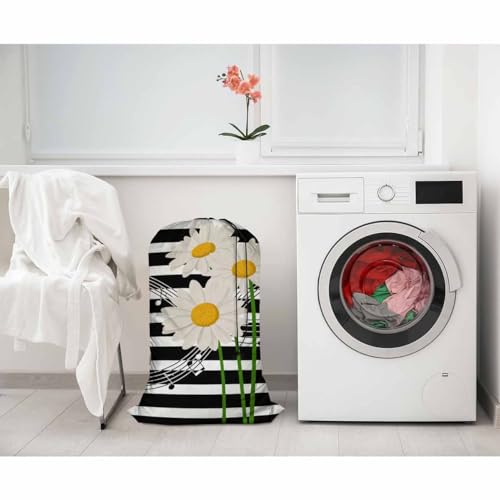 Swono Music Notes Storage Heavy Duty Basket Laundry Bag with Drawstring Daisies On Striped Bouquet Folding Organizer for Travel Washing Machine - color: Music Notes