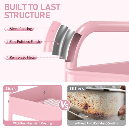 TOOLF 3 Tier Rolling Cart, Metal Utility Storage Cart with Wheels, Pink | 4 Hooks, Lockable Wheels, Trolley Organizer for Bathroom, Kitchen, Office, Nursery, Dorm, Laundry Room