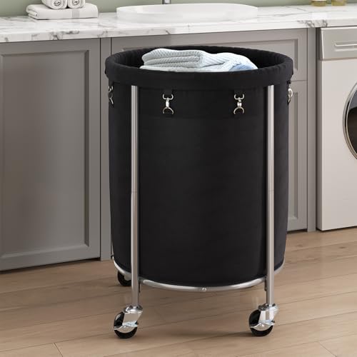 ELYKEN Laundry Basket with Wheels, Round Rolling Laundry Hamper, Black - color: Black, size: 190L