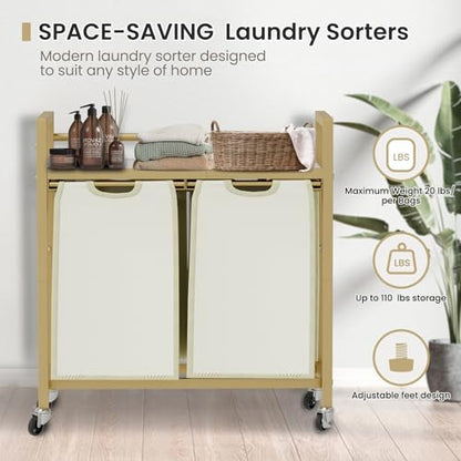 SwaaVee Laundry Sorter, Laundry Hamper with Wooden Top Shelf, 2×14.5Gal(110L), Metal Frame laundry basket with wheels, Pull out and Removable Laundry Bags, 2 Bags-Golden - color: Gold