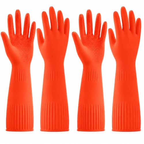 Disfore Rubber-Gloves Dishwashing Gloves for Cleaning-Kitchen - 2 Pairs Long Household Cleaning Gloves for Washing Dishes - color: Red, size: Large