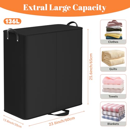 136L 2 Section Laundry Hamper with Lid, Laundry Basket, Black - color: Black, size: 136L