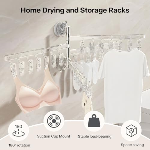 180 Rotating 4 Tier Clothes Drying Rack with 28 Clips, Wall Mounted Clothes Hanger with Suction Cups for Drying Socks, Baby Clothes, Bras, Underwear, Hat, Scarf, Towels, Gloves