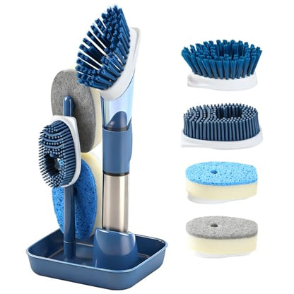 Soap Dispensing Scrub Brush - 4-in-1 Kitchen Cleaning Brush with Built-in Tank, Scraper Heads for Stubborn Grime on Pots Pans, Stand/Hang Storage-Blue - color: Blue