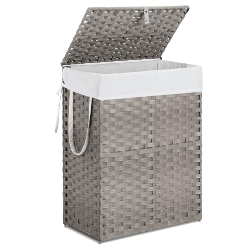 Laundry Hamper with Lid, 90 L Large Capacity Hamper, Rattan Laundry Basket with Compartments & Handles, Foldable, Removable Liner, Dove Gray - color: Dove Gray, size: 90 L