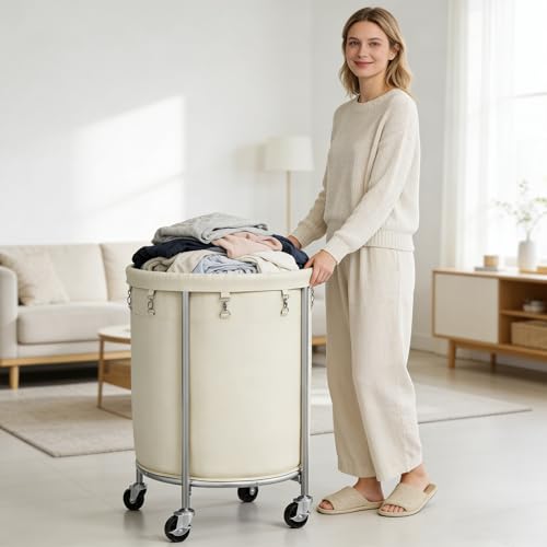 ELYKEN 190L Laundry Basket with Wheels, Steel Frame, Removable Bag, Cream - color: Cream, size: 190L