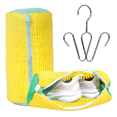 Shoe Washing Machine Bag – 2 Pack Mesh Laundry Bags for Sneakers, Tennis Shoes & Sports Trainers – Reusable Zippered Cleaning Bag to Protect Footwear, Comes with Metal Hanging Hook (Yellow)