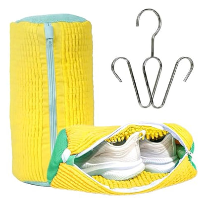 Shoe Washing Machine Bag – 2 Pack Mesh Laundry Bags for Sneakers, Tennis Shoes & Sports Trainers – Reusable Zippered Cleaning Bag to Protect Footwear, Comes with Metal Hanging Hook (Yellow)