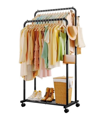 Sakugi Double Rod Clothes Rack Mesh Shelf & Hooks, 28.7x16.5x59.1, Black - color: Black, size: Large 28.7"W x 16.5"D x 59.1"H