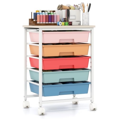 Giantex 5 Drawers Rolling Cart with Wheels, Wood Top, Sturdy Frame - color: Macaron, size: 5 Drawer-15"x11"x21"