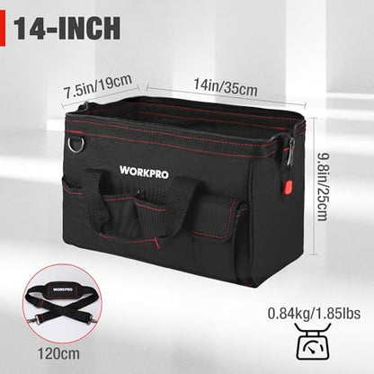 WORKPRO 14-inch Tool Bag, Multi-pocket Tool Organizer with Adjustable Shoulder Strap, W081021A , black - size: 14 inches