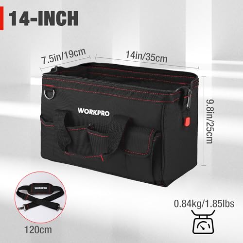 WORKPRO 14-inch Tool Bag, Multi-pocket Tool Organizer with Adjustable Shoulder Strap, W081021A , black - size: 14 inches