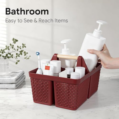 UUJOLY Portable Plastic Shower Caddy Basket with Wooden Handle, Red - color: Red