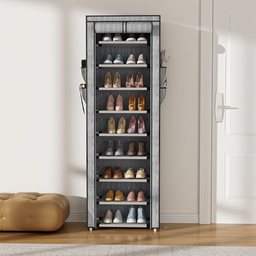 VILICK Shoe Rack with Cover Narrow Shoe Rack Organizer with 4 Side Pockets 10 Tier Tall Shoe Storage Shoe Shelf Holds 18-22 Pairs Shoes and Boots Shoe Rack for Closet, Printing - color: Printing, size: 10 Tiers-17.7" Wide