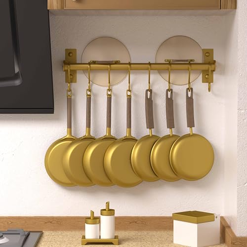 Dseap Kitchen Utensil Holder Hanger, Pot and Pan Rack Wall Mounted, Kitchen Rail with 8 Hooks for Hanging Cooking Utensils, Mugs, Spoons, Wall Mounted, Gold - color: Gold