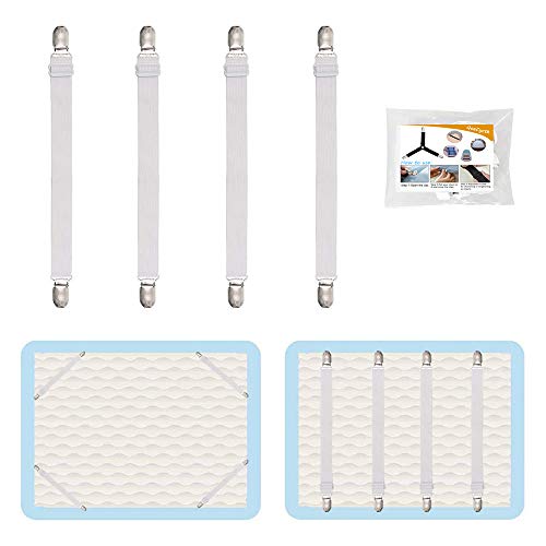 4Pcs Adjustable Bed Sheet Straps Clips, Elastic Mattress Sheet Fasteners Holder and Suspenders, Grippers to Hold Sheet, Mattress, Sofa, Couch, Table Cloth, Recliner Ironing Board Cover and More - color: 4pcs-white
