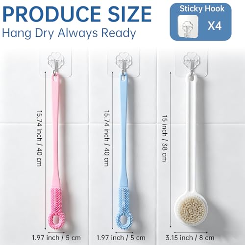 Foot Scrubber with Pumice Stone & 2 Pcs Toe Cleaning Brush, Long Handle Callus Remover for Feet, Toe Cleaning Brush for Dead Skin, Shower Foot Brush for Seniors, Elderly, Men Women (Include 4 Hooks)