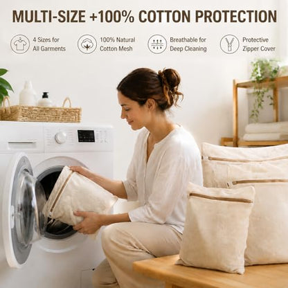 100% Cotton Mesh Laundry Bags for Delicates, Set of 4 Multi Size (S M L XL), Wash Bags with Protective Zipper Cover, Reusable for Clothes, Lingerie & Underwear
