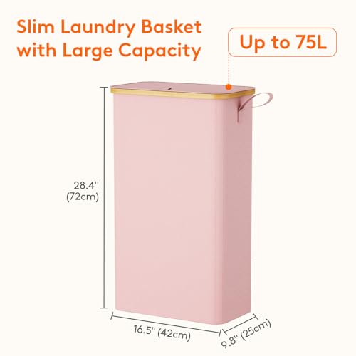 Lifewit 75L Slim Laundry Hamper with Lid and Removable Bag, Pink - color: Pink, size: 75L