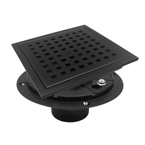 6 Inch Square Shower Drain with Flange, Removeable Grate SUS 304 Stainless Steel Shower Drain with Hair Catcher (Matte Black, 6 Inch) - color: Matte Black, size: 6 Inch