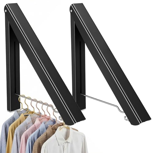 2 Pack Clothes Drying Rack, Wall Mounted Retractable Laundry Rack, 60LBS Heavy Duty Aluminum Foldable Clothes Hanger for Laundry Room, Bathroom, RV, Indoor & Outdoor Use, Drill-Free Installation