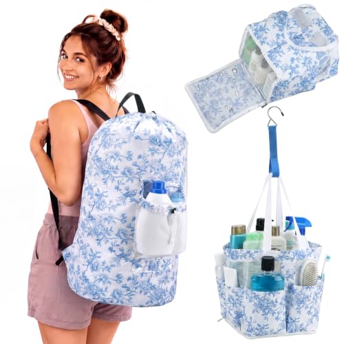 2 Pcs Backpack Laundry Bag and Caddy Set for Dorm and Travel, Floral, Blue - color: Blue