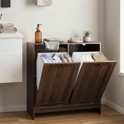 Smart FENDEE Double Tilt Out Laundry Hamper Cabinet, 11.8 Gallon Hidden Trash Cabinets with 2 Baskets for Kitchen, Freestanding Small Bathroom Storage Cabinet Unit, Walnut - color: Walnut