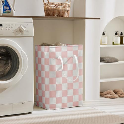 Checkered Laundry Hamper, Pack of 2, Large Pink Collapsible Cloth Hampers Basket for Storage Girls Wome Organization Cute Aesthetic, 2 x 75L - color: Pink