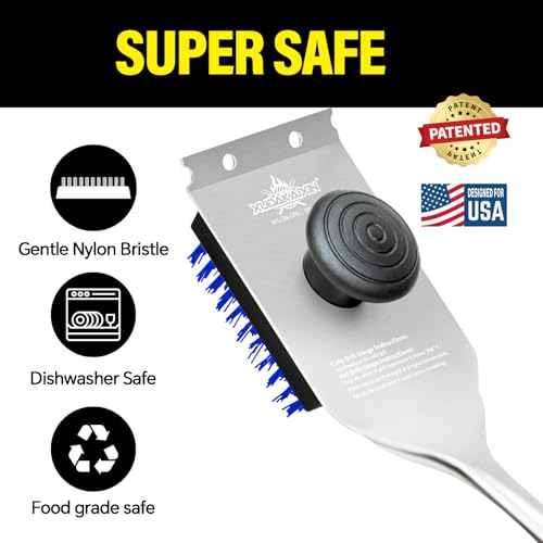 XUDAKAIXIN Grill Brush and Scraper, Dual Grip Design,Extra Strong BBQ Cleaner Accessories,Safe Nylon Bristles Barbecue Triple Scrubbers Cleaning Brush for Cast Iron Grates/Porcelain/Charcoal Grill - color: Blue