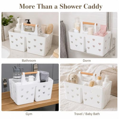 White Portable Shower Caddy, Plastic Basket Organizer with Wooden Handle - color: White