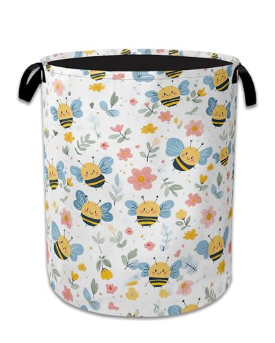 Cute Bee Laundry Basket,Foldable Oxford Cloth Pink Flowers Laundry Hamper With Handle, 20.8"x16" Portable Clothes Storage Basket Bag for Laundry Room/Bathroom/Bedroom/Dormitories - color: Cute Bee Pink Flowers