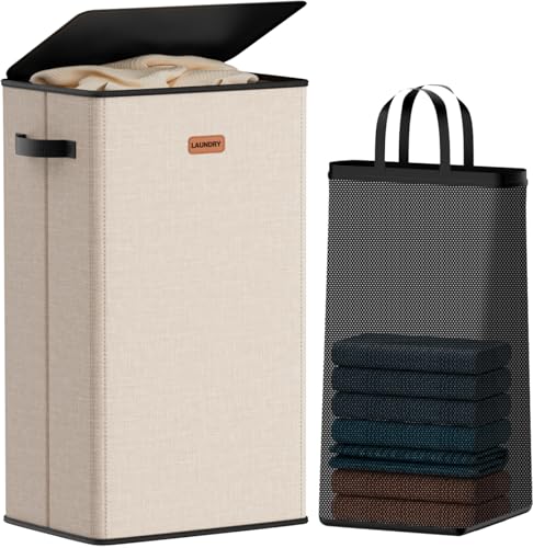 100L Laundry Hamper with Lid, Large Clothes Hampers with Removable Bag, Collapsible Laundry Basket for Bathroom, Bedroom, Laundry Room, Dorm, Beige - color: Beige, size: 26.4 Gal - 1 Section