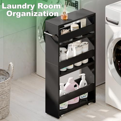 MARTY Slim Rolling Storage Cart, Wood Utility Kitchen Bathroom Laundry Cart - color: All Black, size: 5.51"D x 15.75"W x 31.5"H