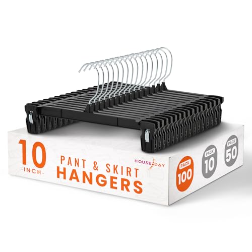 HOUSE DAY Black Pants Hangers with Clips 100 Pack, 10 Inch Skirt Hangers - color: 10"-black, size: 100 Pack