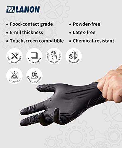 LANON 6-mil Black Nitrile Disposable Gloves, Food-Safe, Powder-Free, Heavy-Duty, Textured Fingertips, Latex-Free, Medium - size: Medium (Pack of 100)