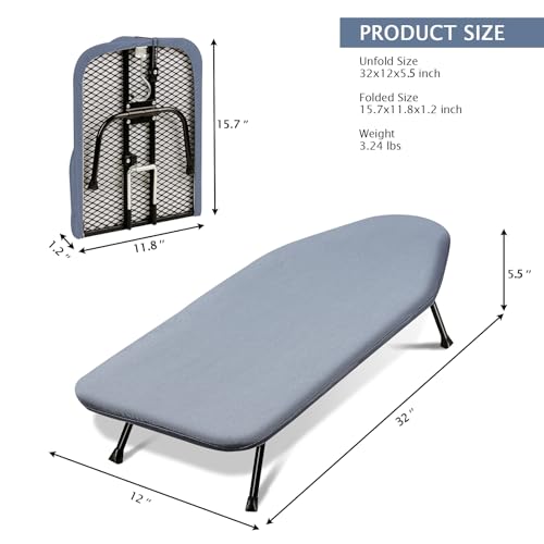 SheeChung Small Ironing Board 12"x32",Mini Ironing Board with Metal Mesh - style: Grey Blue-32x12
