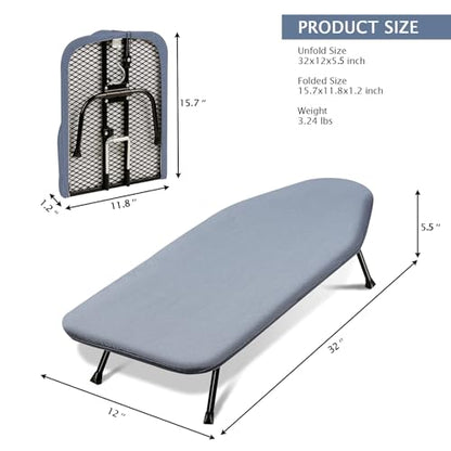 SheeChung Small Ironing Board 12"x32",Mini Ironing Board with Metal Mesh - style: Grey Blue-32x12