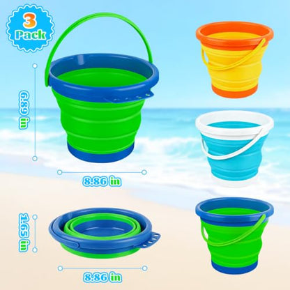 3L Foldable Sand Buckets Beach Kit, 3Pack Collapsible Mini Bucket for Washing Camping Feeding Fishing, Small Plastic Pail for Storage Travel, Folding Bucket Summer Beach Gift for Pool Party Boy Girl