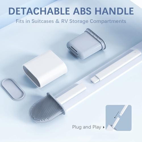 RV Silicone Toilet Brush with TPR Bristles & Detachable ABS Handle Set, Landing & Wall Mountable Toilet Bowl Brush for Space-Saving RV Bathrooms Flexible 360°Deep Cleaners Brushes (Gray) - color: Gray