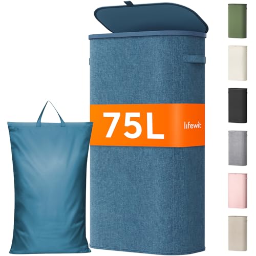 Lifewit Slim Laundry Basket with Lid and Removable Bag, 75L, Dark Blue - color: Dark Blue, size: 75L