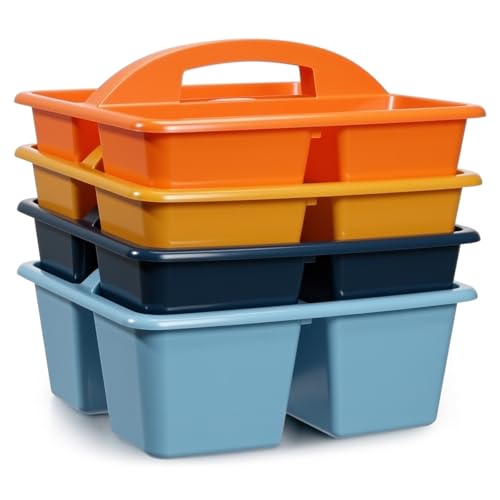 Kathfly 4 Pack Classroom Caddy Organizer with Handle, Plastic Art Craft Cleaning Caddy Bulk, Small Multipurpose Supply Organization Storage Basket for Table Desk Office Pencil Teacher (Blue Orange) - color: Blue Orange